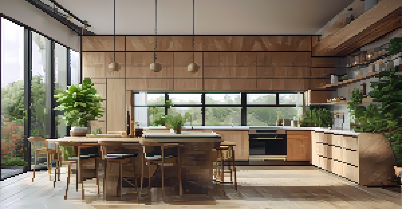 A modern kitchen with large windows and indoor plants, connecting to a green outdoor garden.