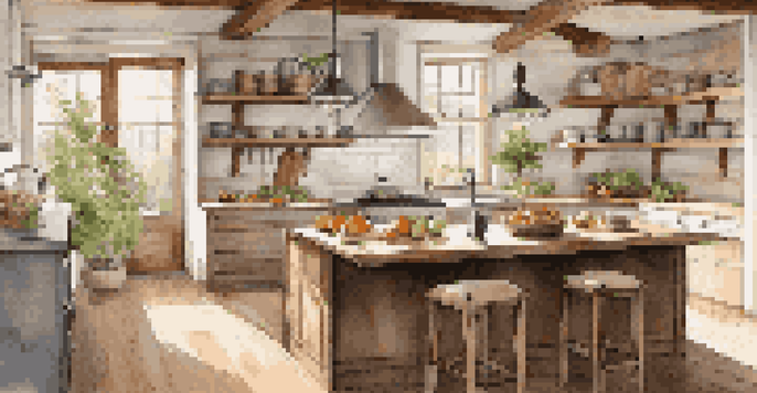 A modern kitchen with rustic features, showcasing wooden beams, stainless steel appliances, and a farmhouse sink, illuminated by sunlight from large windows.