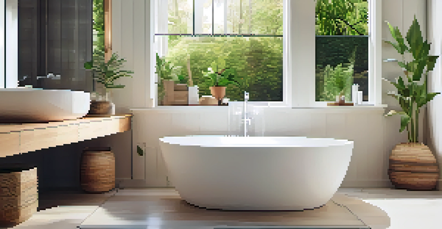 A stylish bathroom featuring a dual-flush toilet and eco-friendly decor in a bright, natural light setting.