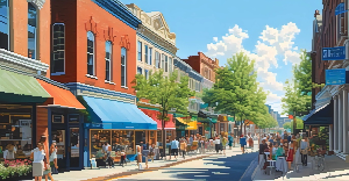 A lively urban neighborhood with a mix of modern and historical buildings, bustling streets, and colorful storefronts under a clear blue sky.