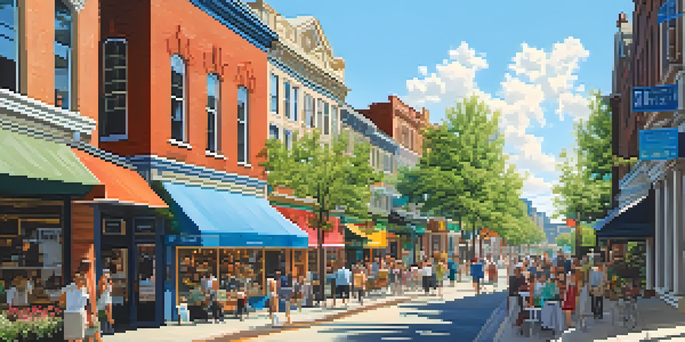 A lively urban neighborhood with a mix of modern and historical buildings, bustling streets, and colorful storefronts under a clear blue sky.