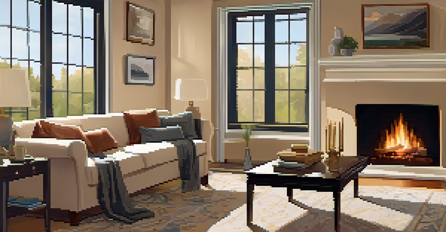 A cozy living room featuring a couch, coffee table, and fireplace, illuminated by sunlight.