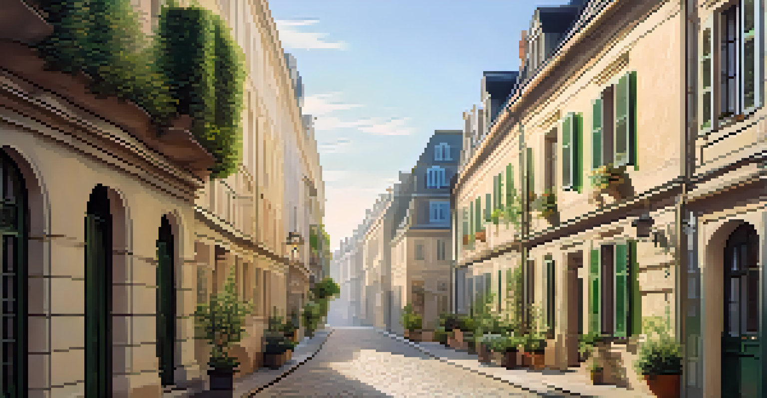 A European street with historical buildings, solar panels, and gardens on balconies in morning light.