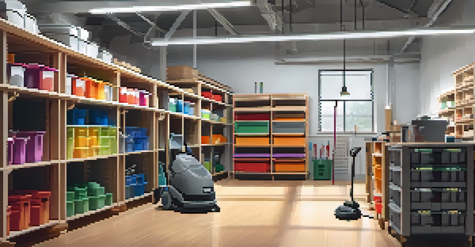 A well-organized renovation workspace featuring cleaning tools and storage solutions, brightly lit for clarity.