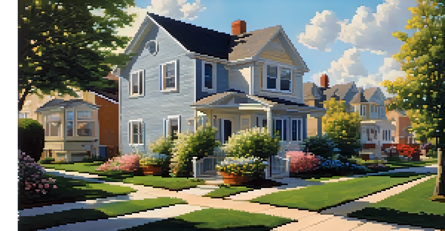 A sunny suburban neighborhood with children playing and blooming flowers in front of houses.