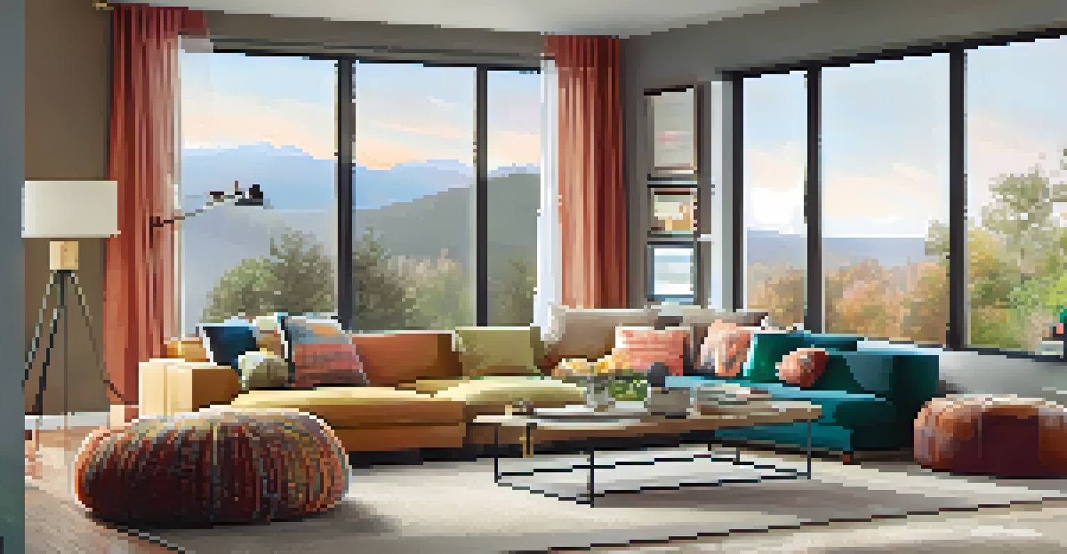A cozy living room featuring a comfortable sofa, colorful pillows, and bright sunlight streaming through large windows.
