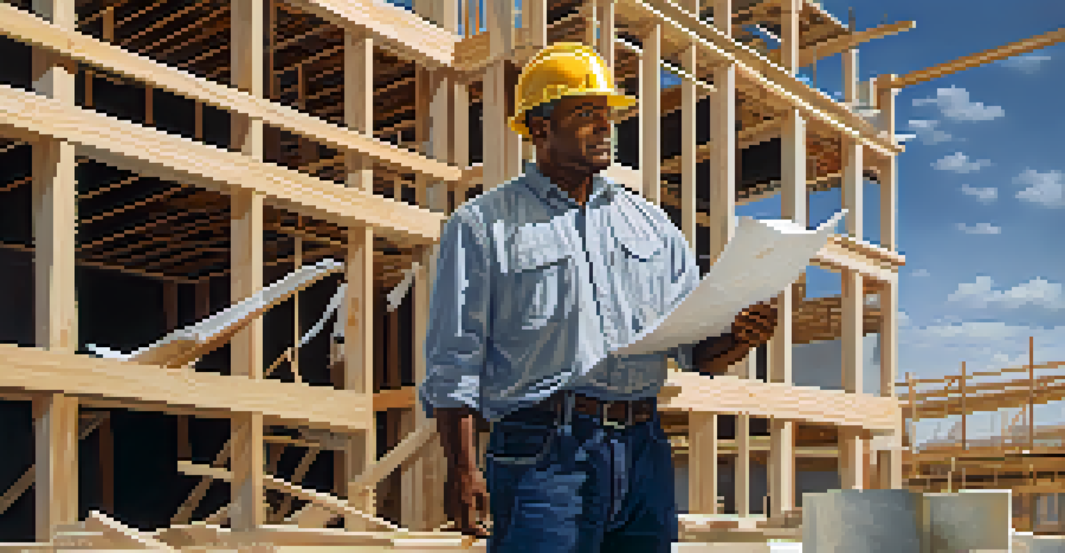 A contractor at a construction site, reviewing blueprints with a house under construction in the background.