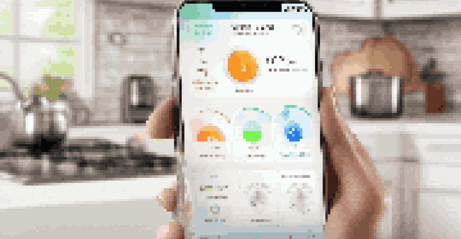 A smartphone with a smart home app interface, controlling lights and thermostat settings in a modern kitchen.