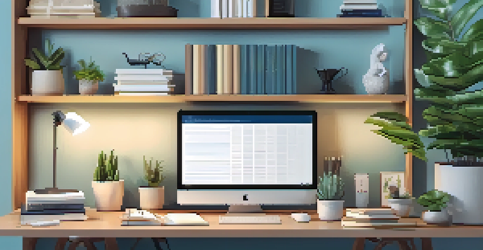 A cozy home office with a modern desk, laptop, and potted plants, illuminated by warm lamp light.
