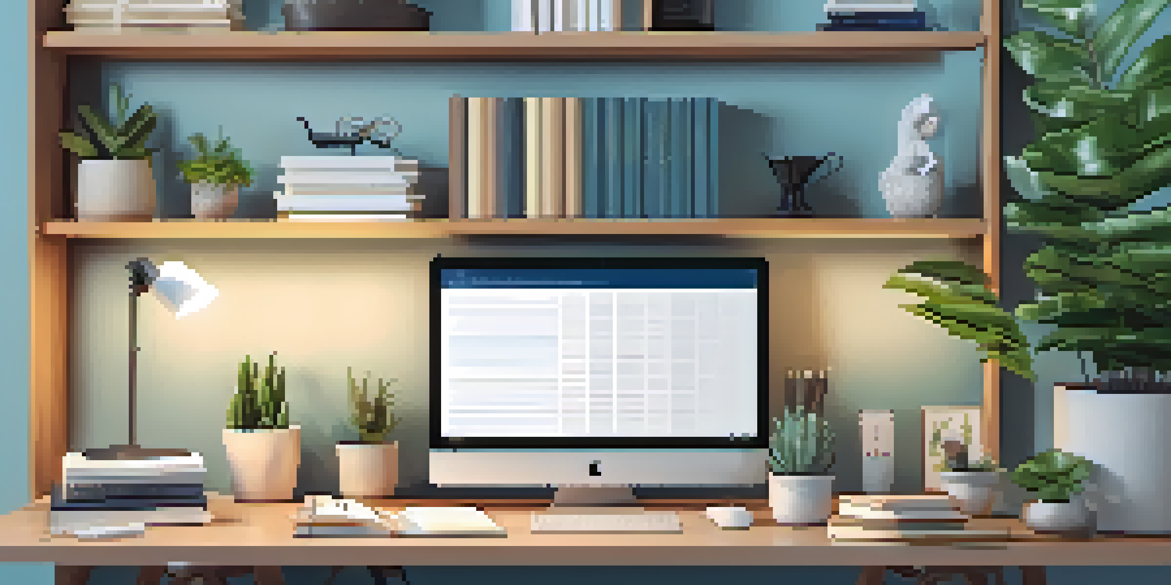 A cozy home office with a modern desk, laptop, and potted plants, illuminated by warm lamp light.