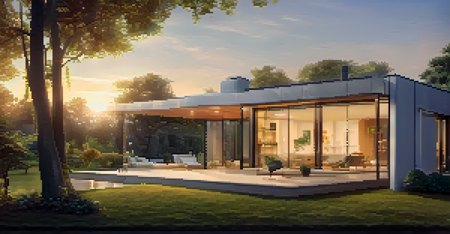 A modern home with visible smart security sensors on doors and windows, surrounded by greenery at sunset, highlighting safety.