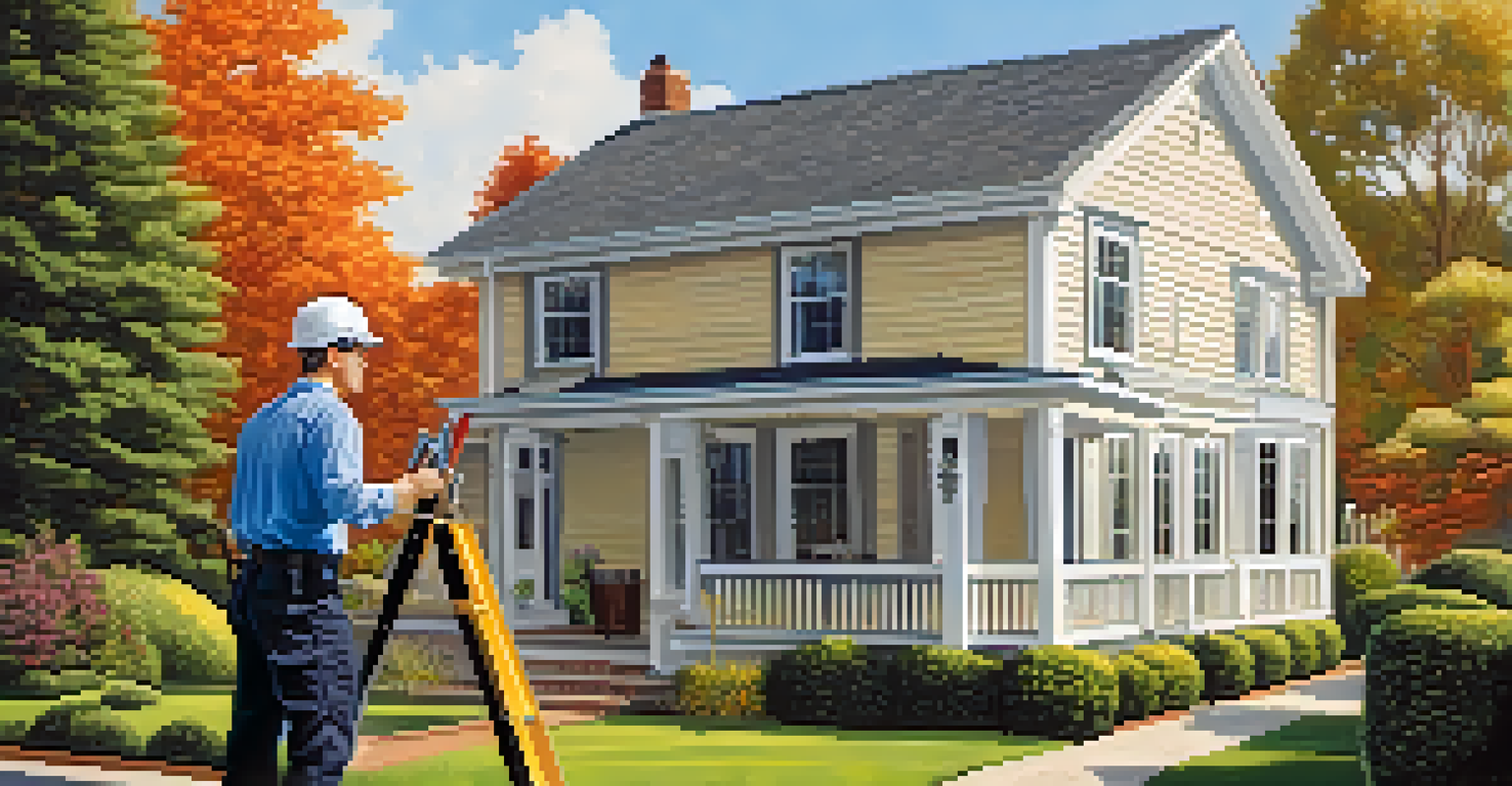 A home inspector on a ladder examining the roof of a house, with a garden in the foreground and a clear blue sky above.