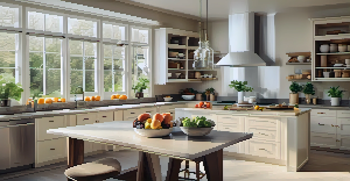 A bright and spacious modern kitchen with natural light, featuring sleek cabinets and a large island filled with fresh fruits.