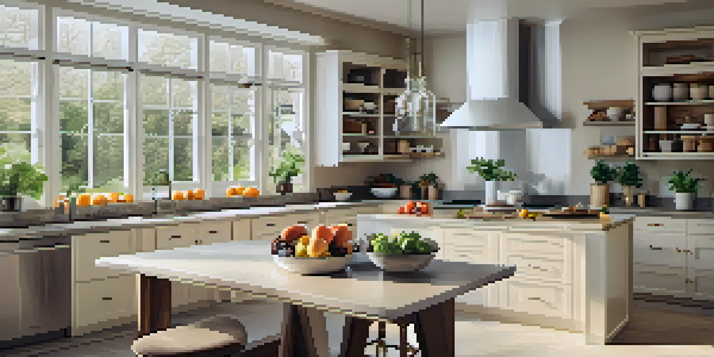 A bright and spacious modern kitchen with natural light, featuring sleek cabinets and a large island filled with fresh fruits.