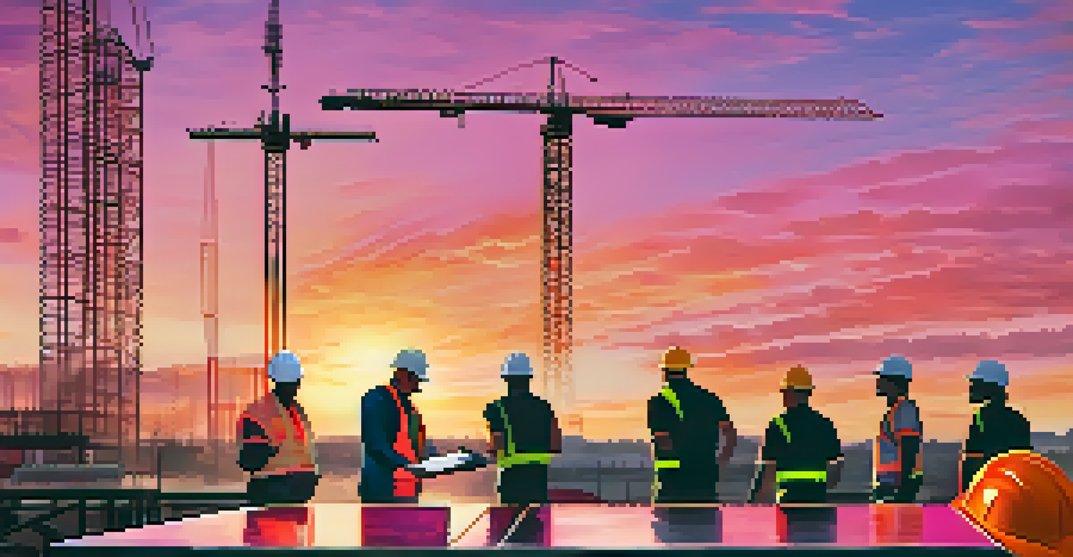 A construction site at sunset with workers discussing plans, blueprints on a table, cranes and buildings silhouetted against a colorful sky.