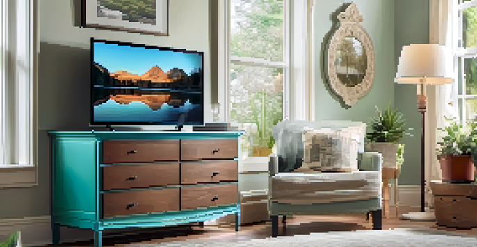 An old dresser repurposed as a TV stand, painted teal with organized media accessories inside, set in a cozy living room.