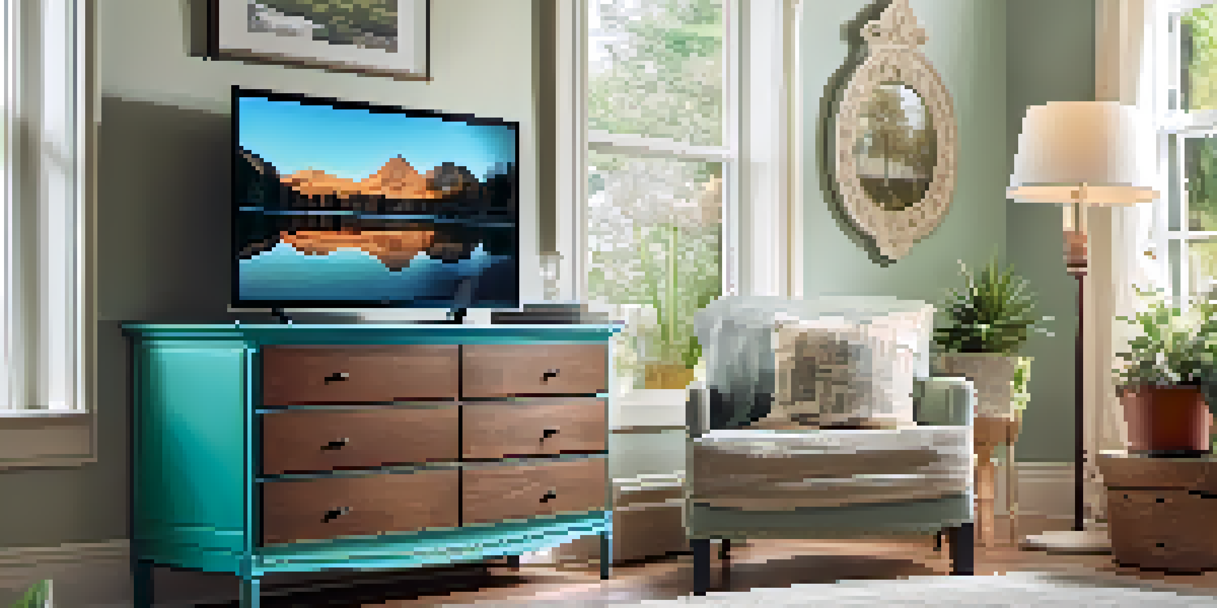 An old dresser repurposed as a TV stand, painted teal with organized media accessories inside, set in a cozy living room.