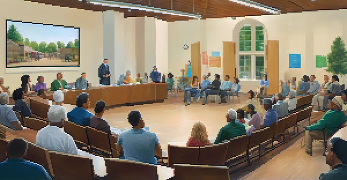 A diverse group of community members participating in a discussion about property tax assessments in a bright town hall.