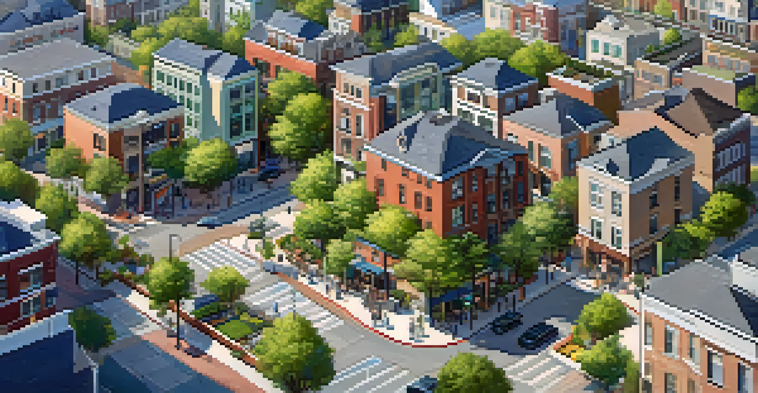 An aerial view of a lively mixed-use neighborhood with residential and commercial buildings, featuring people and green spaces.