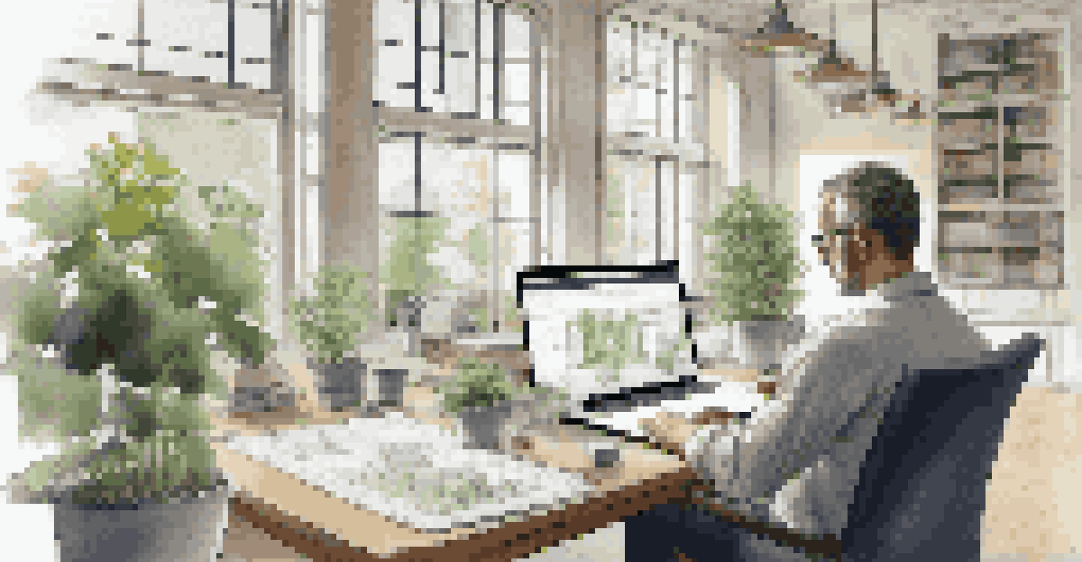 An architect working on BIM software with blueprints and 3D models of a historic home in a well-lit workspace with plants.