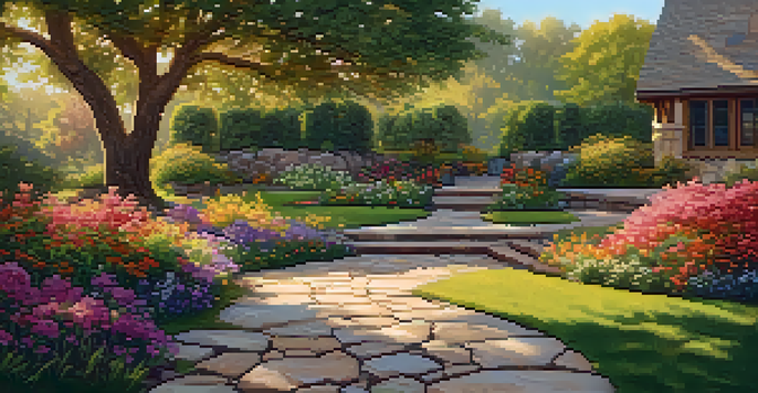 A peaceful backyard with a stone path, colorful flowers, and a wooden seating area under an oak tree.