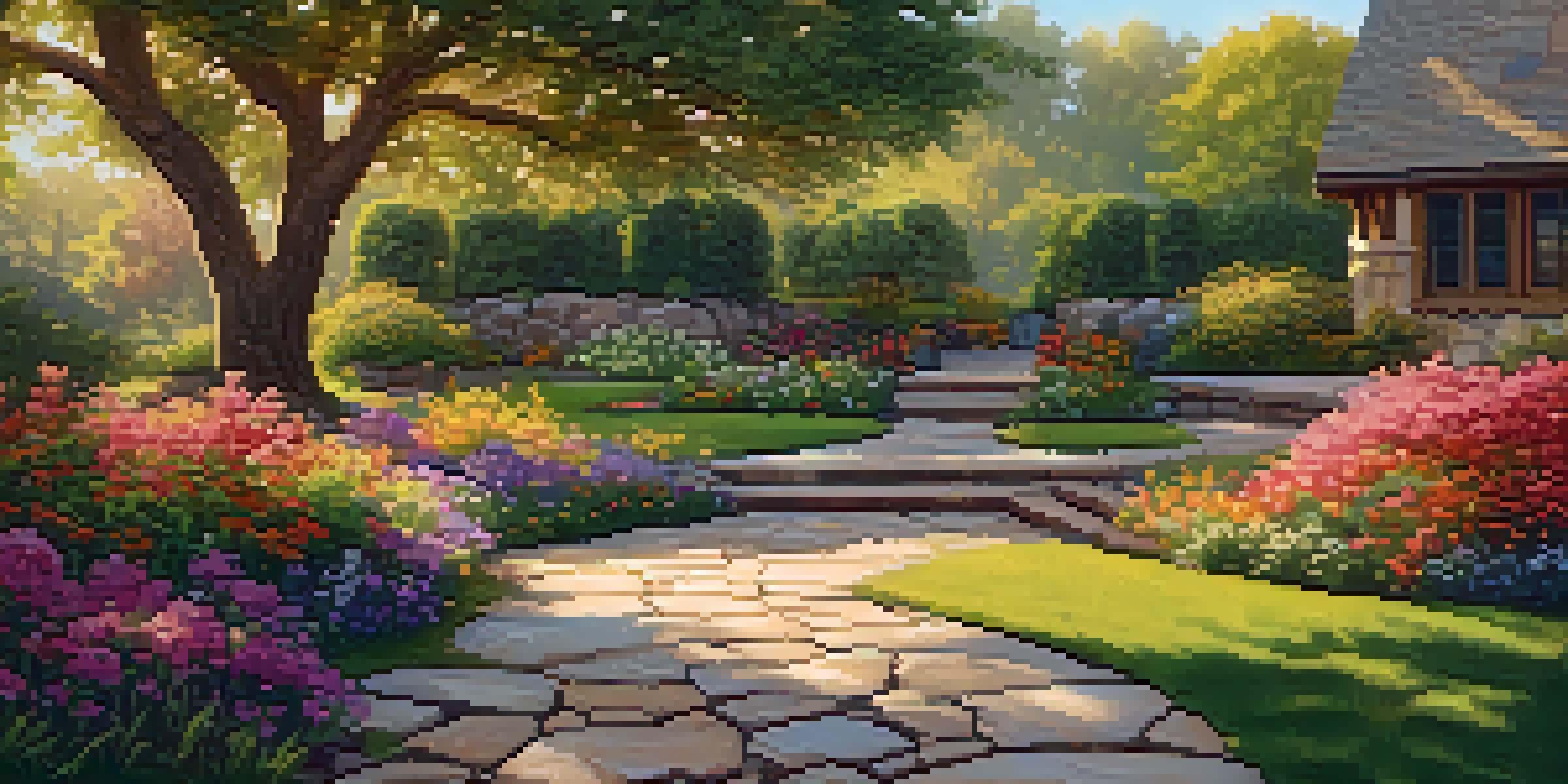 A peaceful backyard with a stone path, colorful flowers, and a wooden seating area under an oak tree.