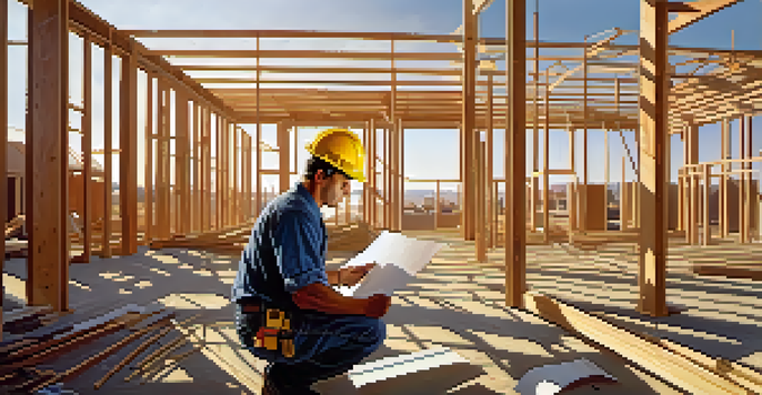 A contractor studying blueprints on a construction site, with a partially built house in the background.