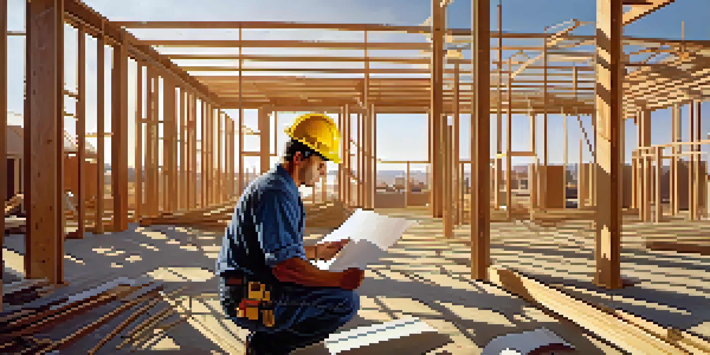 A contractor studying blueprints on a construction site, with a partially built house in the background.