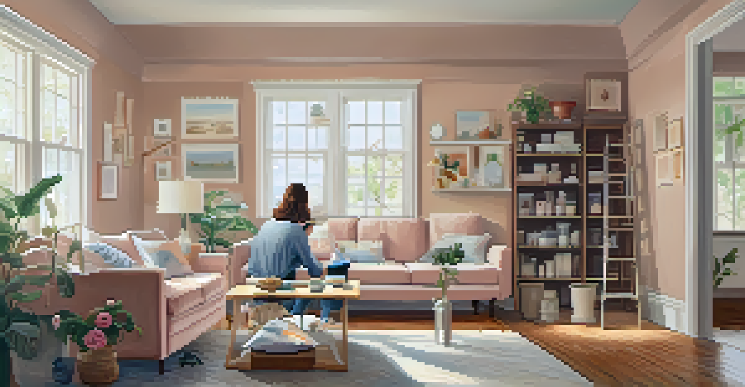 A homeowner engaged in a DIY project, painting a living room wall with supplies around them.