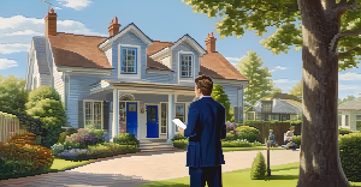 A real estate agent showing a house to a potential buyer outdoors, with trees and a blue sky behind.