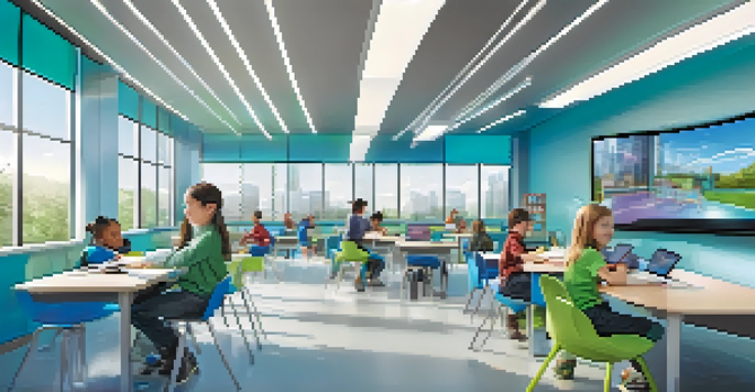 A modern classroom in a smart city with students using technology for adaptive learning and a teacher guiding them.