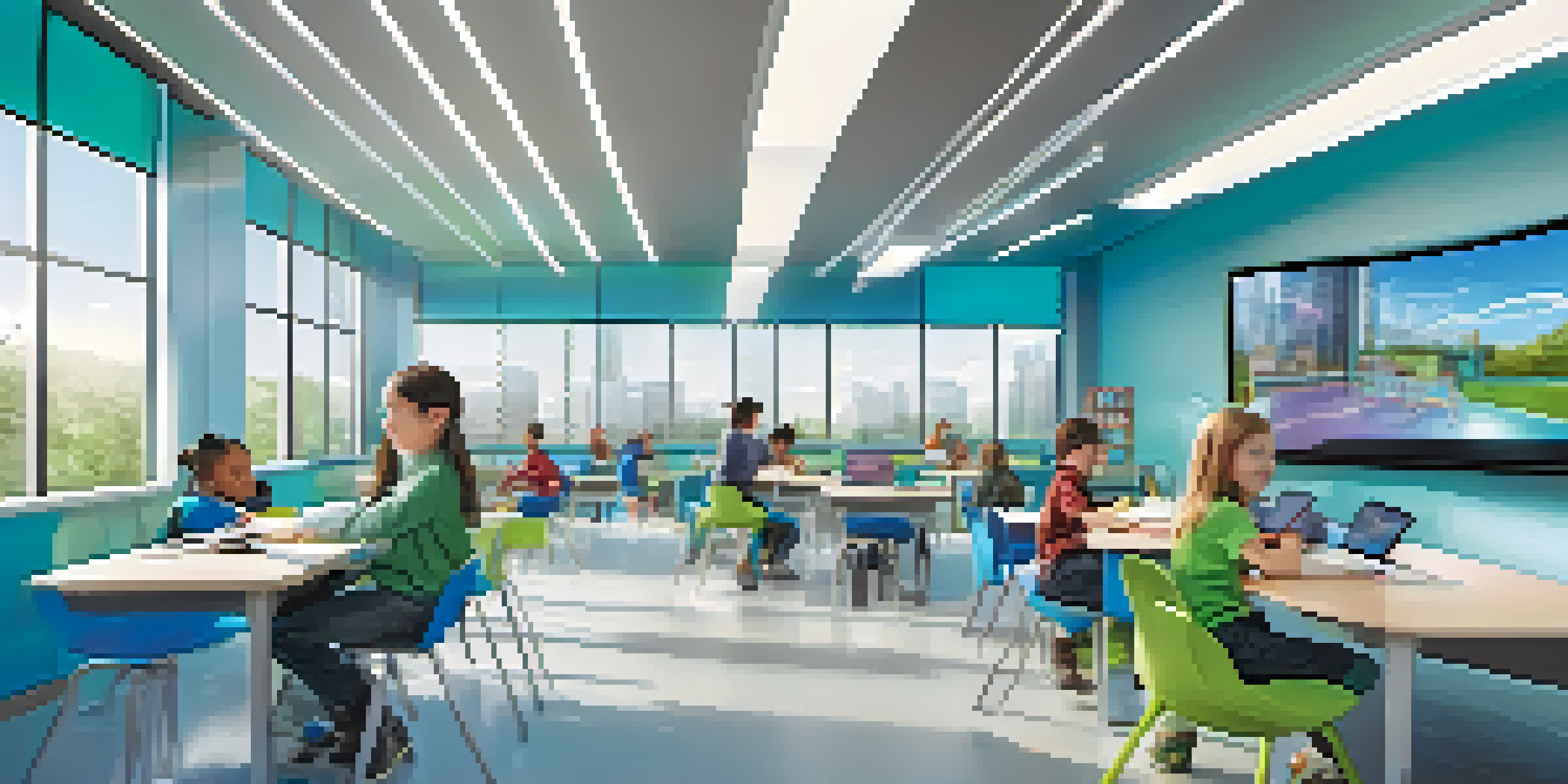 A modern classroom in a smart city with students using technology for adaptive learning and a teacher guiding them.