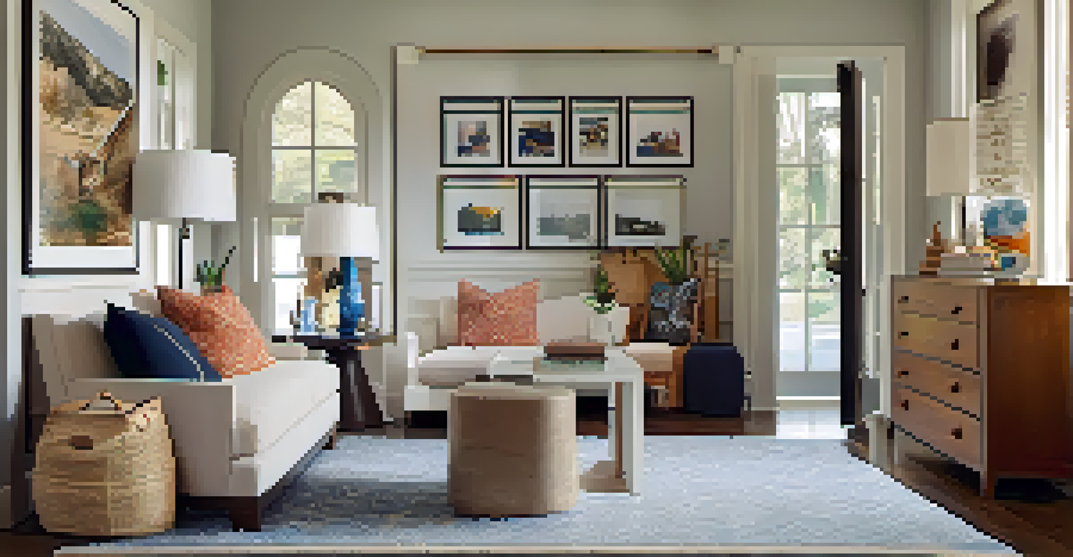 An inviting entryway with a gallery wall, travel souvenirs, a chic rug, and a stylish lamp.