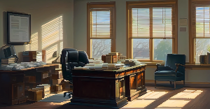 An office desk with a computer, paperwork, and a coffee cup, illuminated by sunlight.