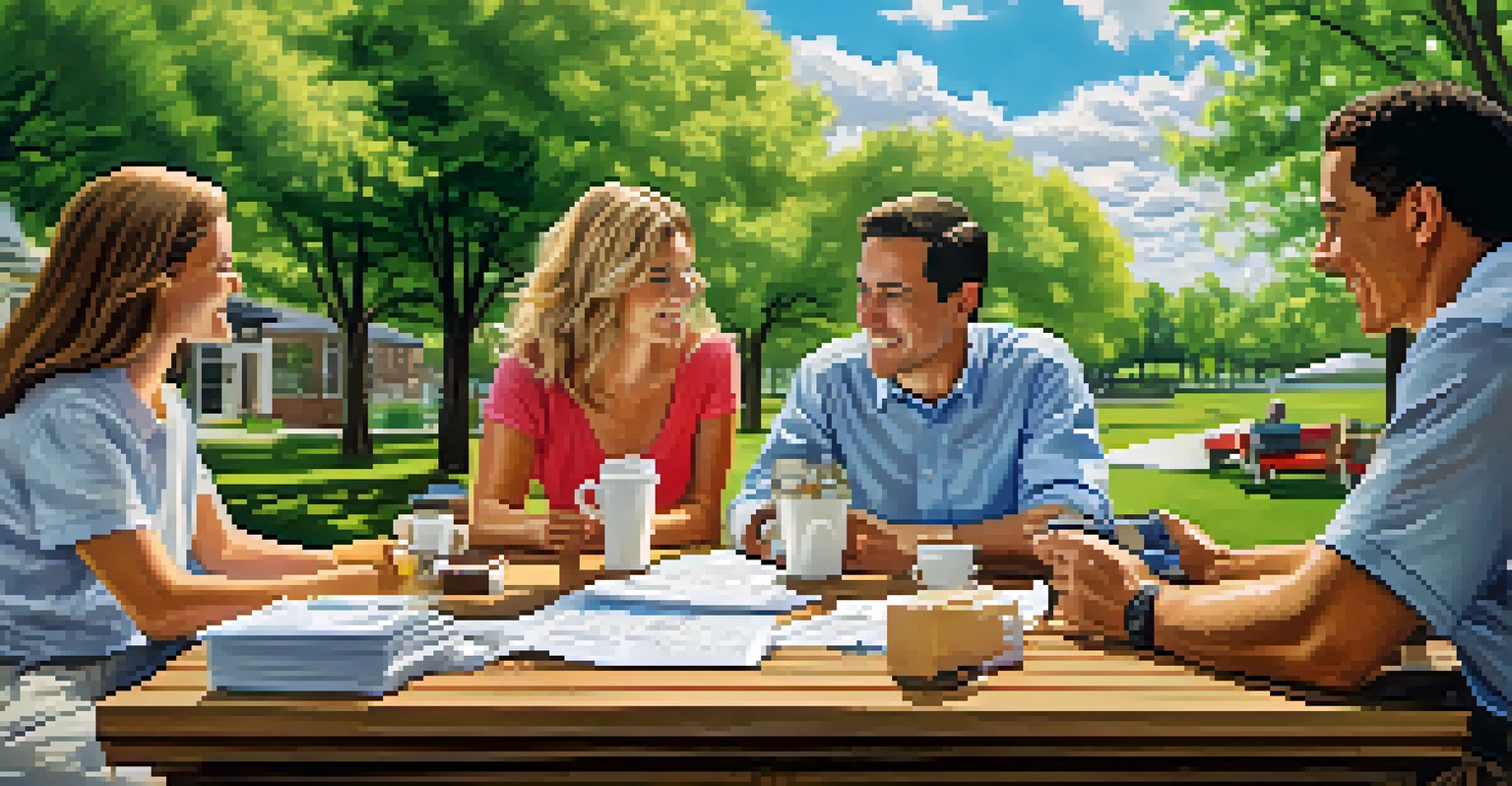 A family discussing mortgage plans at a picnic table in a park, surrounded by trees and a blue sky.