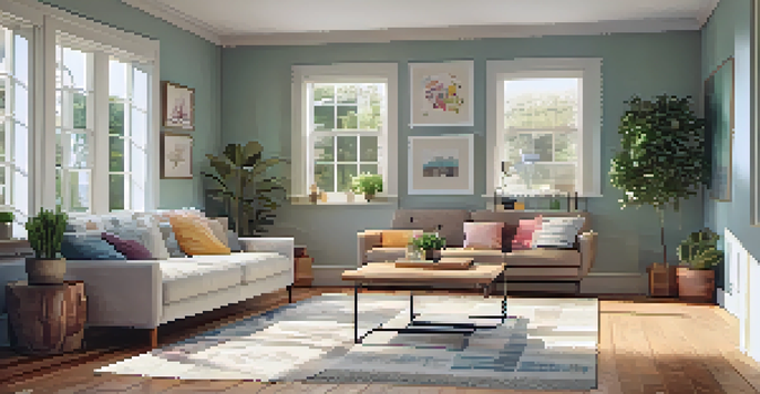 A bright and inviting living room with wooden floors, a comfortable sofa, colorful cushions, and plants, showcasing a maintenance checklist on a coffee table.