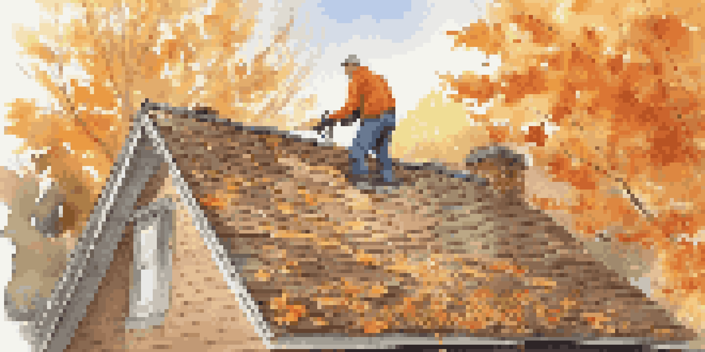 A professional inspecting a roof during autumn with scattered leaves and a few missing shingles, sunlight illuminating the scene.