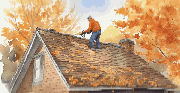 A professional inspecting a roof during autumn with scattered leaves and a few missing shingles, sunlight illuminating the scene.