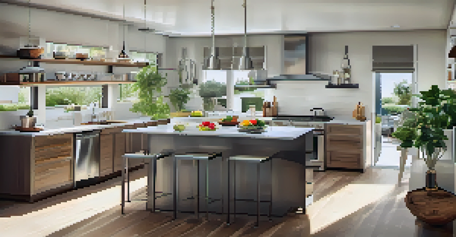 A staged kitchen with modern appliances, countertops, and fresh ingredients, illuminated by sunlight.