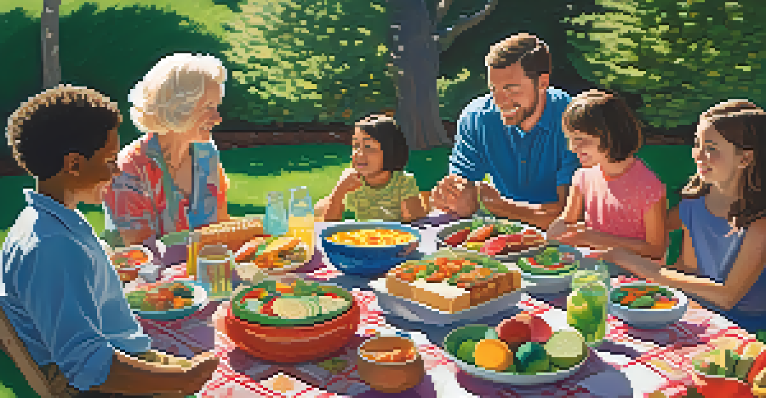 A diverse family gathering in a garden, enjoying a potluck picnic with colorful blankets and homemade dishes under dappled sunlight.