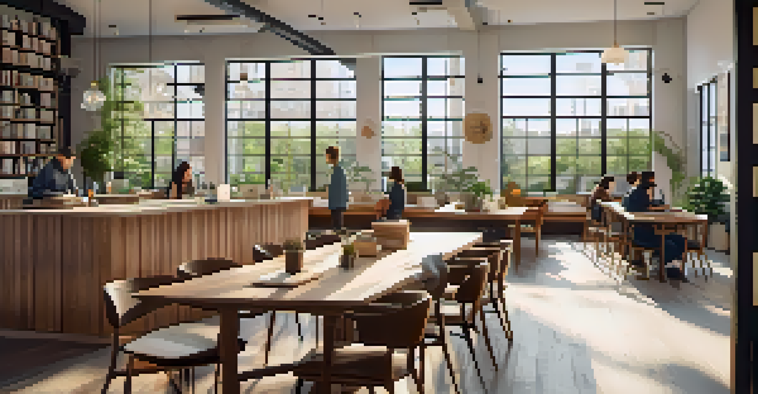 A bright and inviting communal workspace with people collaborating at a long table, surrounded by art.