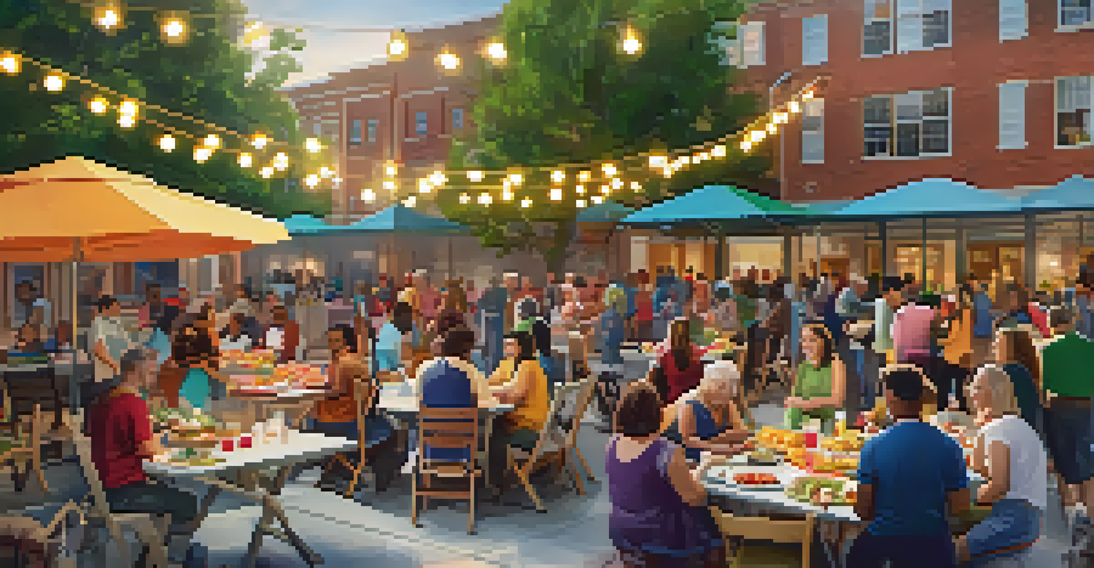 A lively potluck event in a courtyard with tenants sharing food and enjoying conversations under string lights.