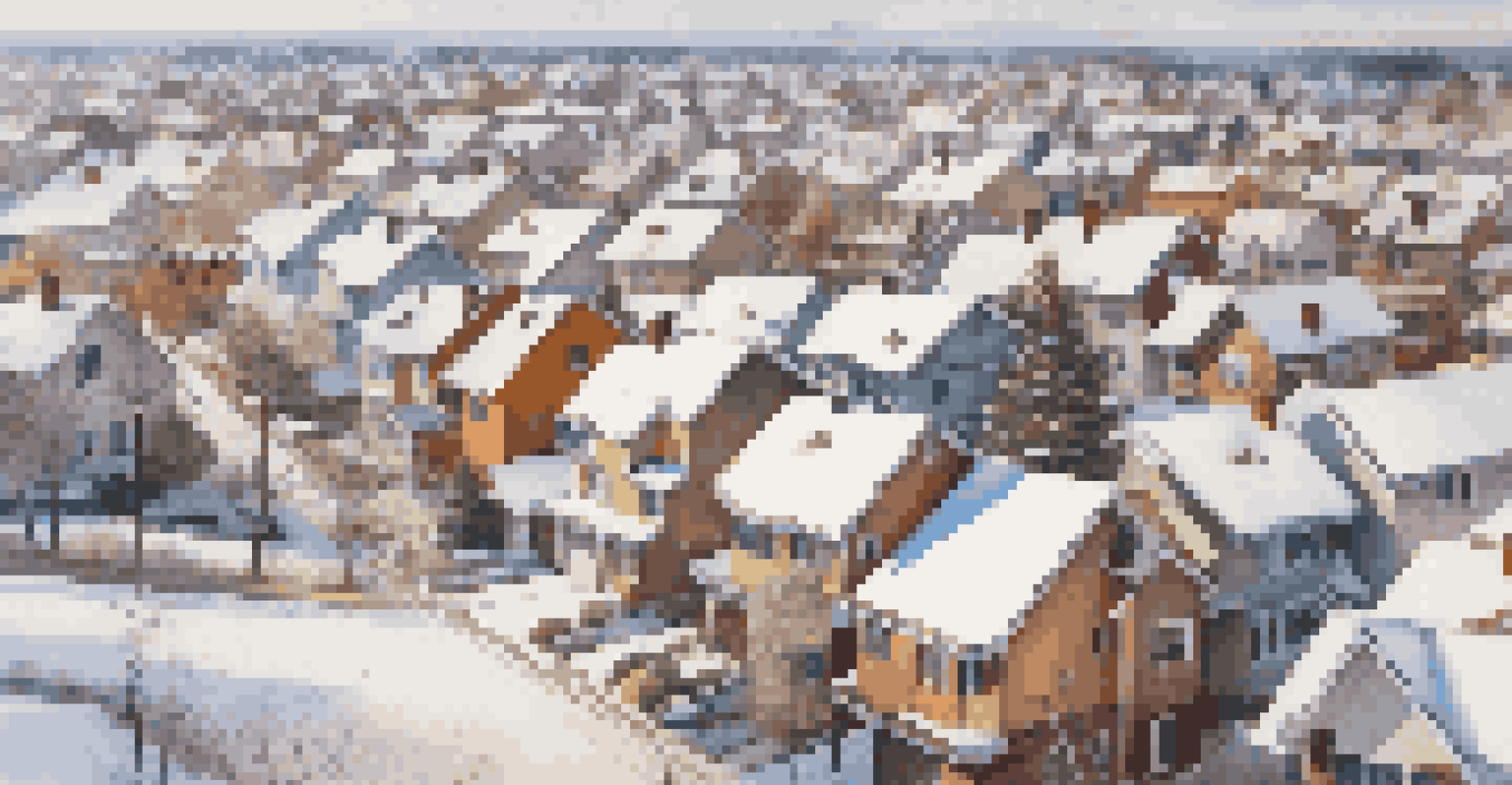 An aerial view of a suburban neighborhood in winter with snow-covered roofs and colorful houses.