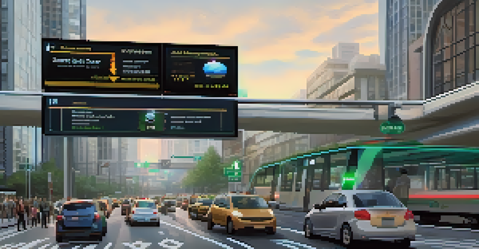 A close-up of a smart traffic system with commuters engaging with digital information displays.