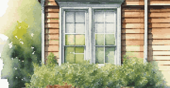 A modern energy-efficient window with double glazing, showcasing sunlight filtering through and a reflection of a garden outside.