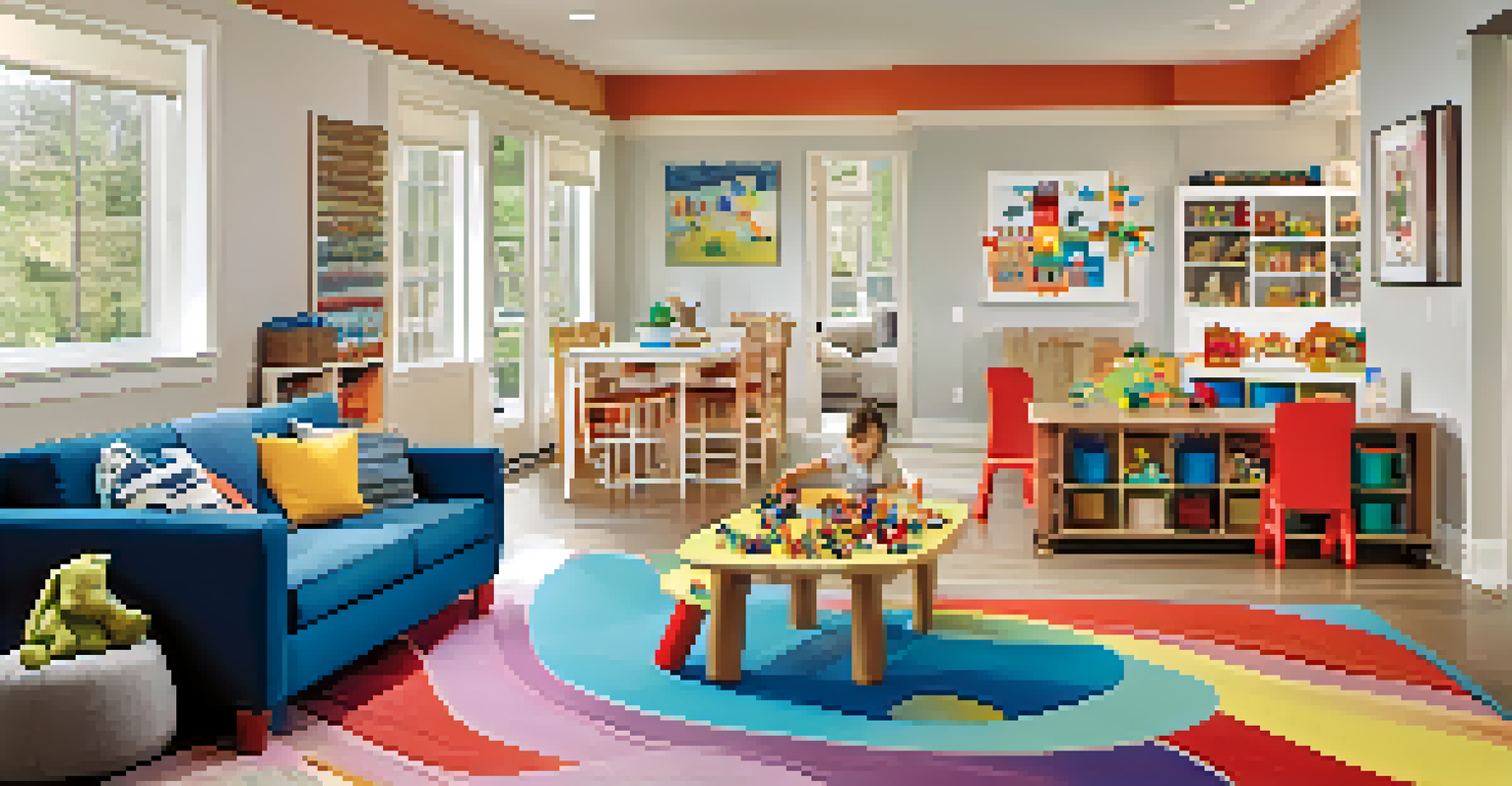 An open floor plan with a designated play area for children, featuring colorful rugs and clear pathways for movement.