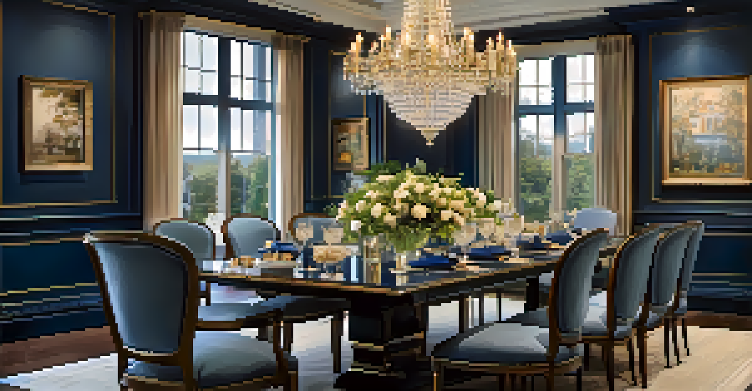 An elegant dining room with a chandelier, a beautifully set table, and art pieces illuminated by track lighting.