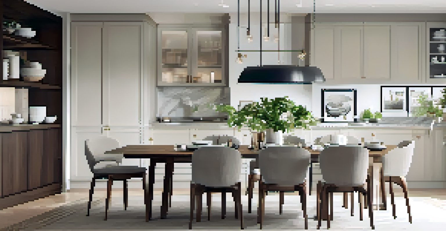 A contemporary kitchen and dining area with an open layout, featuring a stylish island, pendant lights, and a wooden dining table with plush cushions.