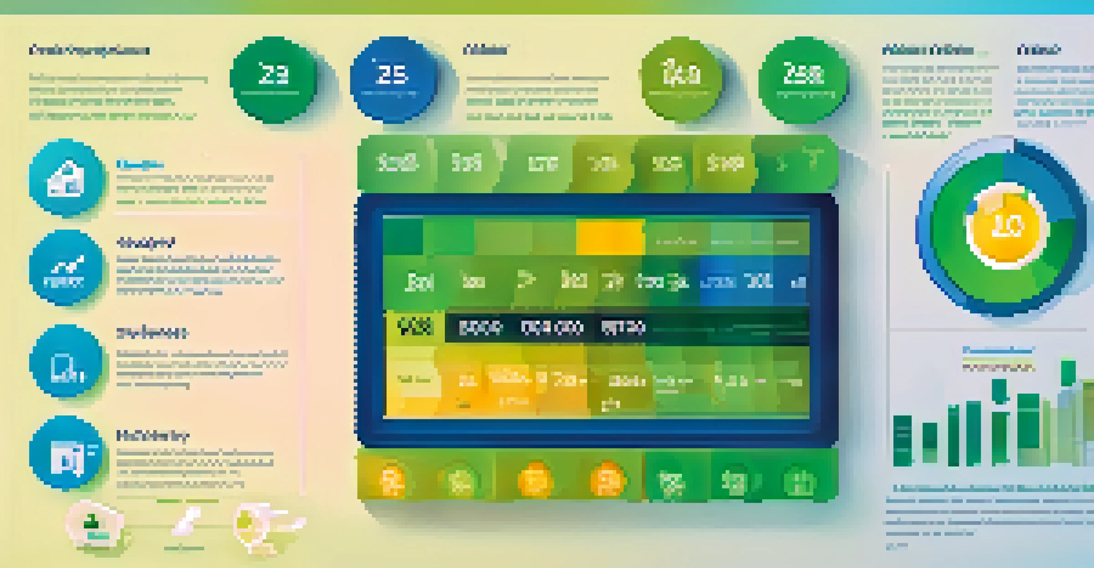 An infographic showing the components of a credit score with icons and labels on a blue and green gradient background.