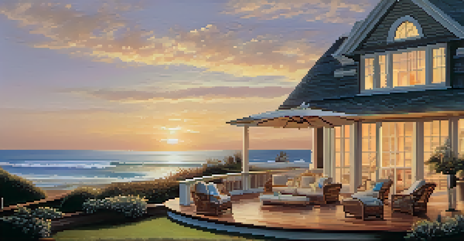 A coastal home overlooking the ocean at sunset with a spacious deck and outdoor furniture.